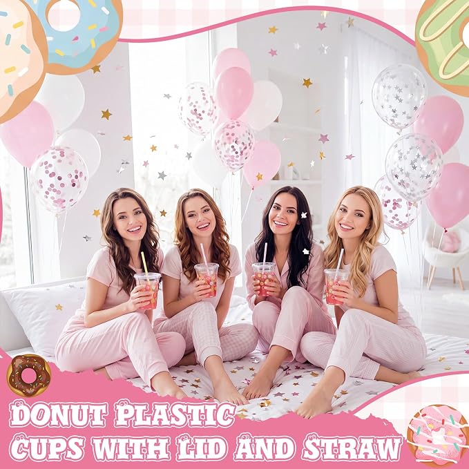 Domensi 25 Sets Donut Themed Plastic Cups with Lids and Paper Straws 12oz Colorful Disposable Drinking Cups Bulk for Cold Drinks Baby Shower Wedding Picnic Summer Theme Birthday Party Supplies