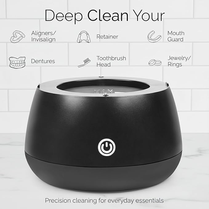 Ultrasonic Retainer Cleaner 48kHz – Dental Pod for Invisalign, Dentures & Mouth Guards – Deep Cleaning Machine for Retainers & Night Guards – 200ML Tank, One-Touch Operation – Black