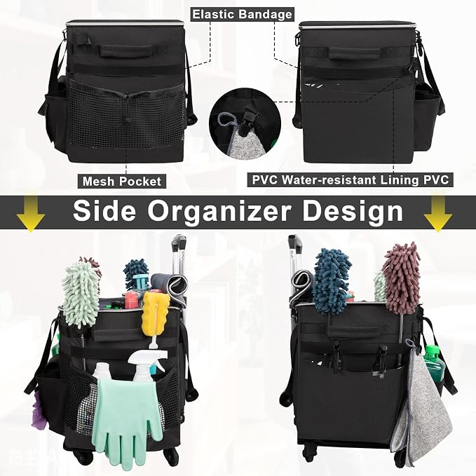 Large Rolling Cleaning Caddy with Wheels, Cleaning Supplies Organizer with Detachable Trolley, Water-resistant Cleaner Cart for Housekeepers, Multi Pocket Cleaning Cart with Shoulder Strap, Black