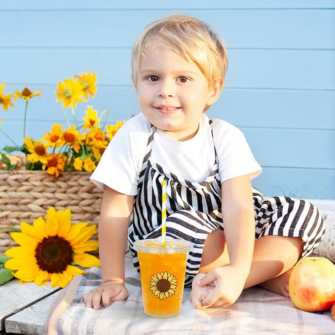 Whaline 50Pcs Sunflower Disposable Plastic Cups with Lids and Straws 12 Oz Summer Floral Cold Beverage Drinking Cups for Birthday Wedding Bridal Shower Party Supplies