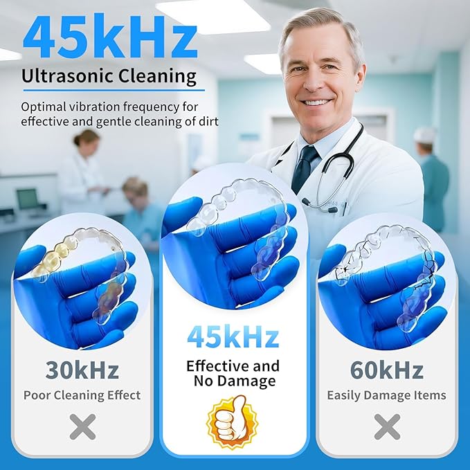 Ultrasonic Retainer Cleaner Machine, 45kHz Dental Ultrasonic Cleaner for Denture, Mouth Guard, Aligner, Braces, Toothbrush Heads, Jewelry, 5 Modes Cleaning, Digital Timer & 200ML Capacity