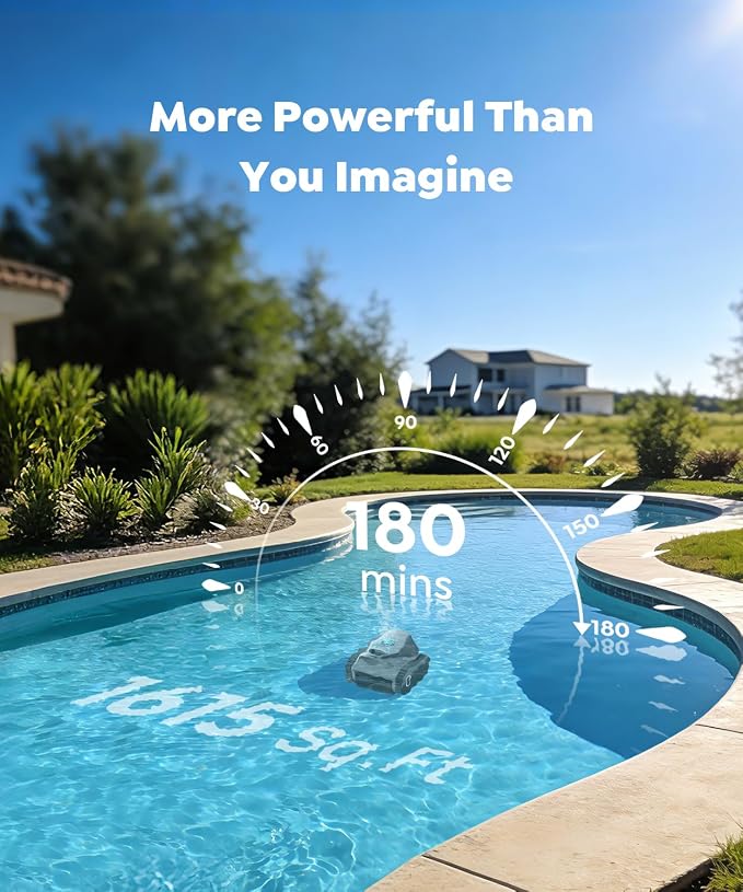 (2026 Upgrade) BRINBO C1 Robotic Pool Cleaner with 180 Mins, Pool Vacuum for Inground Ground Pools up to 1615 sq.ft, Smart Routing, Wall Climbing, Dual Filtration, with APP, Multi-Mode (Carbon Gray)