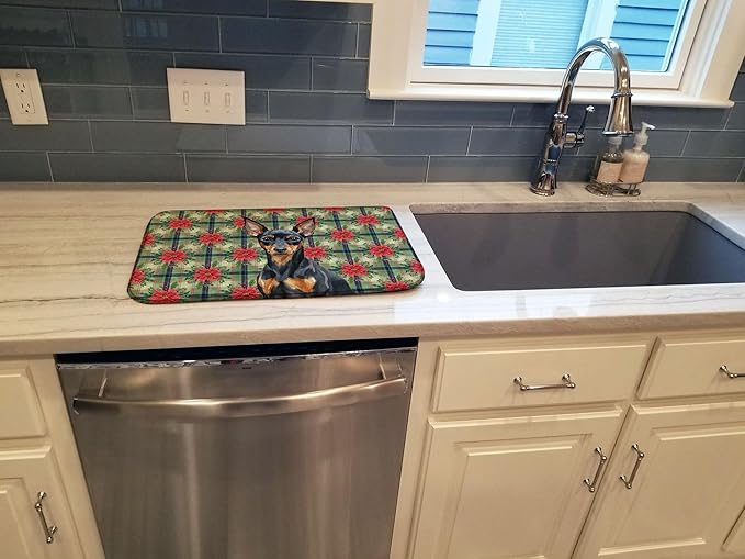 Caroline's Treasures Black and Tan Miniature Pinscher Christmas PoinsettIas Dish Drying Mat Absorbent Dish Drying Mat Pad for Kitchen Counter Dish Drainer Mat for Countertop, 14 x 21", Multicolor