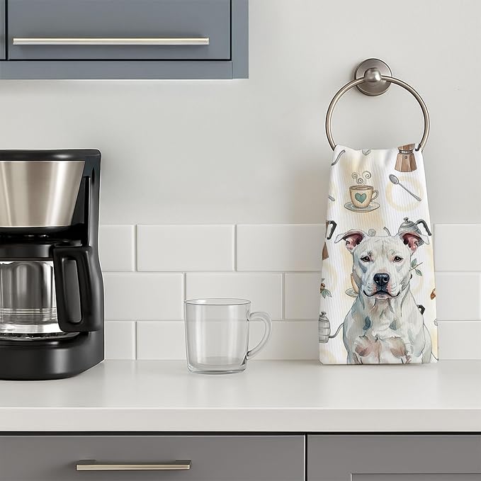 Caroline's Treasures White American Staffordshire Terrier Coffee Bar Kitchen Towel Velour Plush Front and Cotton Loop Back Machine Washable