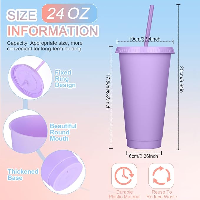 Honeydak 100 Pack Tumbler with Straw and Lid Bulk Water Bottle Iced Coffee Travel Mug Cup Reusable Plastic Cups for Party Birthdays 24-27 oz (Pastel Color)