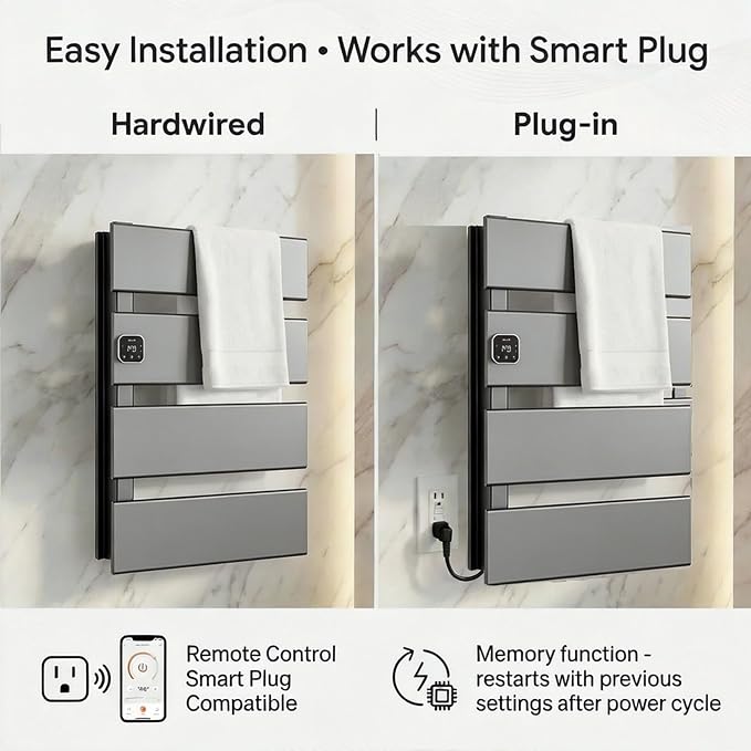 L Series Electric Towel Warmer for Bathroom, 4 Panel, Gun Gray | Thermo Control and Timer, Fast Heat in 3 Mins, Dry Towels in 4 hrs, Memory Function, Work with Smart Plug, Left-Wiring