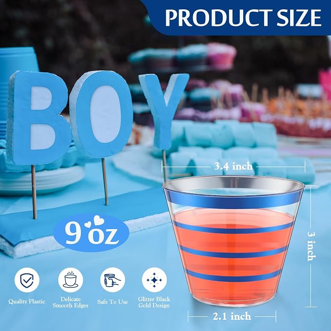 Gejoy 9 oz 100pcs Graduation Rimmed Stripe Plastic Cups Bulk Disposable Wine Hard Plastic Drinking Cocktail Cups Tumblers for Graduation Wedding Gathering Party Supplies(Blue)