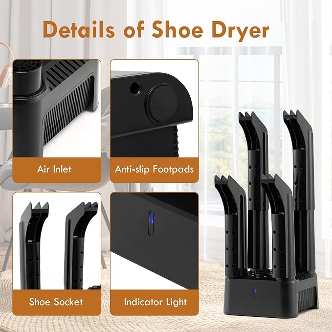 S AFSTAR Electric Shoe Dryer, 4 Tube Shoe Boot Dryer w/Heat Blower, 180 Mins Timer, Overheat & Over-Current Protection, Quite Operation, 200W Quick-Drying Boot Warmer for Boots Shoes Gloves (Black)