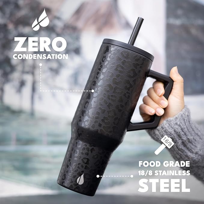 Elemental 40 oz Tumbler with Handle and Straw - Spill Proof Insulated Stainless Steel Commuter for Cold Beverages - Travel Coffee Mug with 2 Straws & Spill Proof Lid - 40oz - Black Leopard