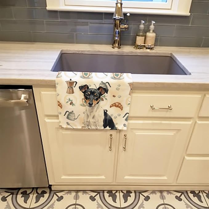 Caroline's Treasures Black and White Rat Terrier Coffee Bar Kitchen Towel Velour Plush Front and Cotton Loop Back Machine Washable