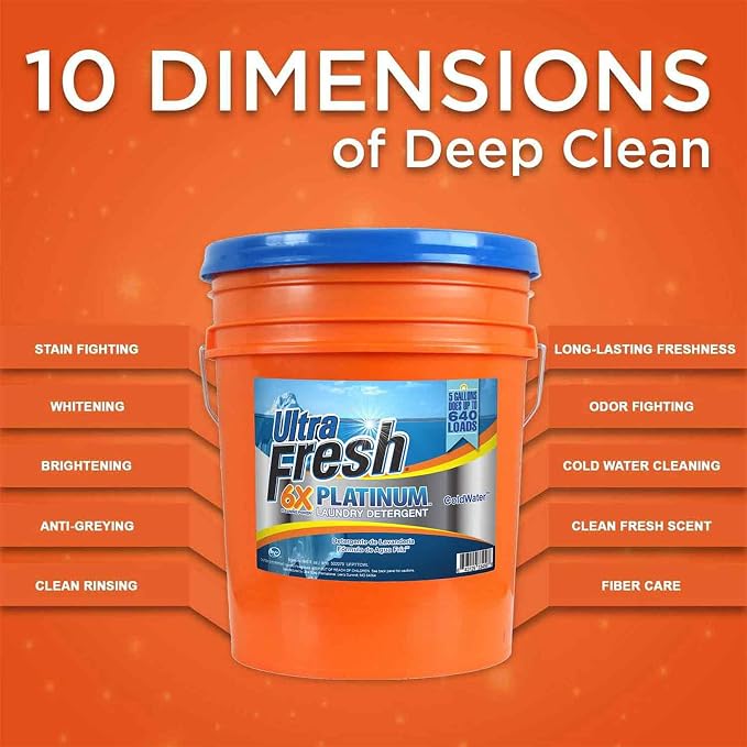 Ultra Fresh Liquid Laundry Detergent Washing Soap, 6X Platinum, ColdWater, 5 Gallon – Fabric Odor Remover to Wash Clothes and Sheets