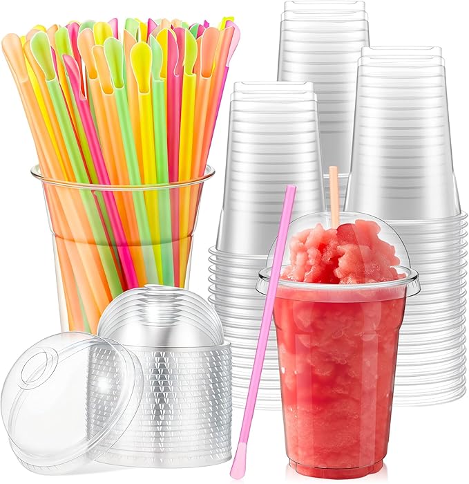 Reallnaive 100 Sets 16 oz Clear Slushie Cups with Dome Lids and Snow Cone Spoon Straws, Disposable Smoothie Cold Drinking Cups for Party Iced Coffee Cold Drinks Juice Milkshake