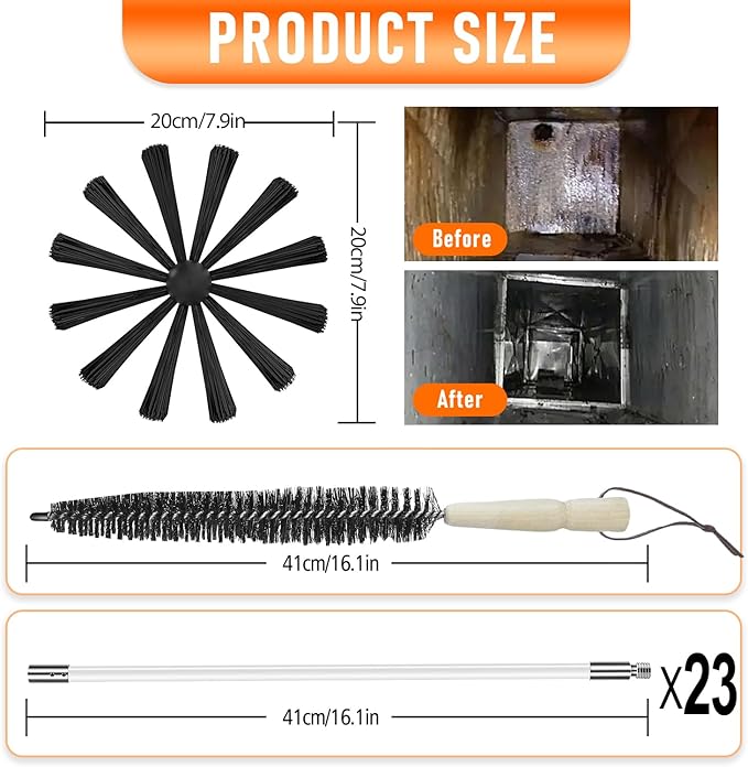 30Feet Chimney Sweep Kit - 8 in Brush Head, Dryer Vent Cleaner, Rotary Cleaning System for Flue/Fireplace/Sewage Pipe/Hood with 23 Nylon Flexible Rods
