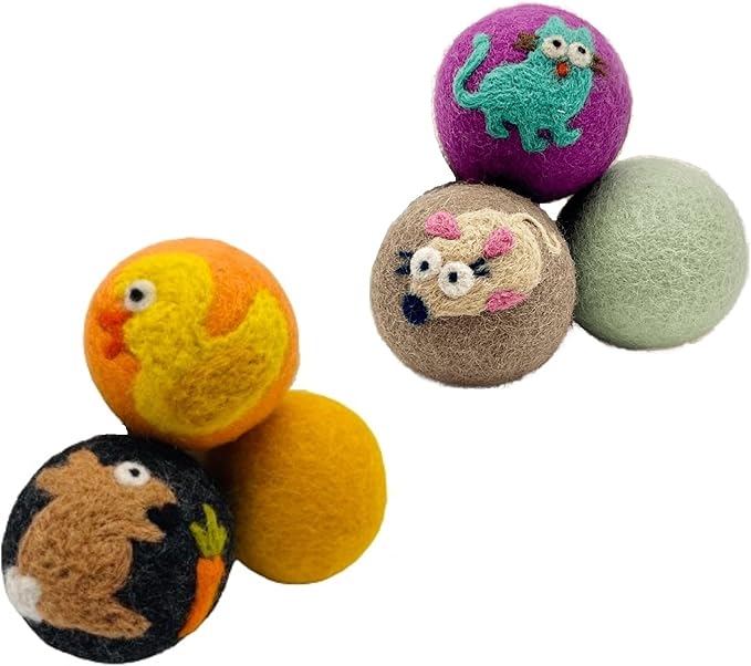 Hustle & Blush Wool Felt Balls 6 Pack, Love Ewe Pet Supplies - 2 inch Felted Wool Cat Toys Mouse and Duck & Bunny, 100% New Zealand Wools Felt Cat Toys Handmade Wools Felts Balls, Cats Felts