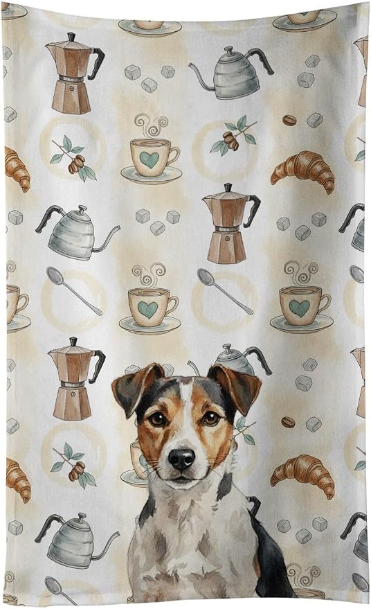 Caroline's Treasures Tricolor Russell Terrier Coffee Bar Kitchen Towel Velour Plush Front and Cotton Loop Back Machine Washable