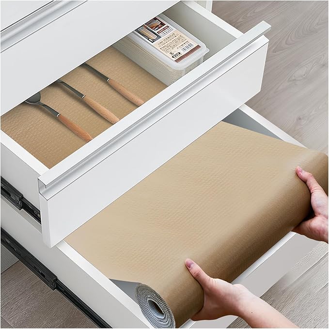 Drawer and Shelf Liner, Non-Slip Kitchen Cabinet Liners Non-Adhesive Thick Strong Grip Waterproof Washable Mats Protect Dresser Shelves Cupboard Bathroom Cabinets, Beige, 24 in X 20 FT