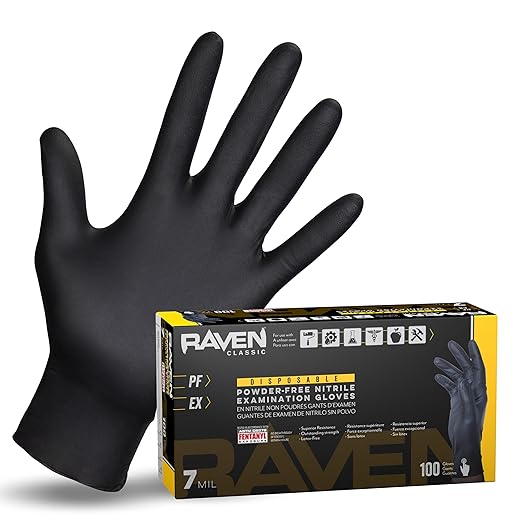 Raven Powder Free Nitrile Disposable Gloves | 7 Mil - Sm | Latex Free, Chemical + Puncture Resistant, Textured Grip, Single Use | for Automotive, Industrial, Janitorial, MRO, Food Service | 66516