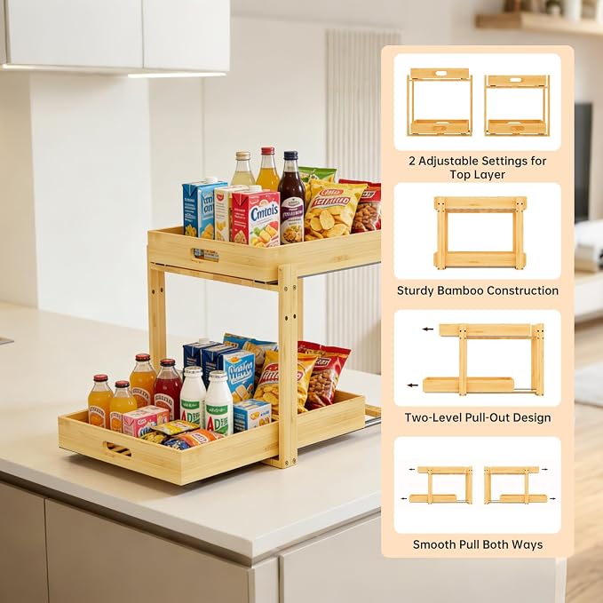Under Sink Organizer and Storage - 2-Tier Bamboo Kitchen Cabinet Shelf with Adjustable Levels, Undersink Organization Slide Out for Bathroom Cabinet Pantry