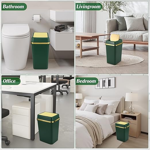 Bathroom Trash Can with Lid 4 Gallon Trash Can with Swing Lid Dark Green Small Garbage Can Bathroom Garbage Can with 150 Counts Trash Bags for Kitchen Bedroom Office