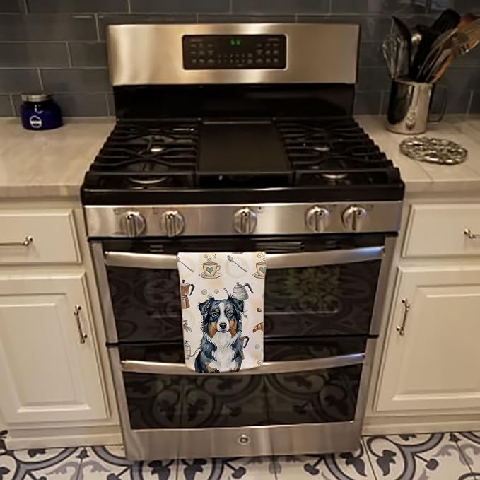 Caroline's Treasures Black Australian Shepherd Coffee Bar Kitchen Towel Velour Plush Front and Cotton Loop Back Machine Washable