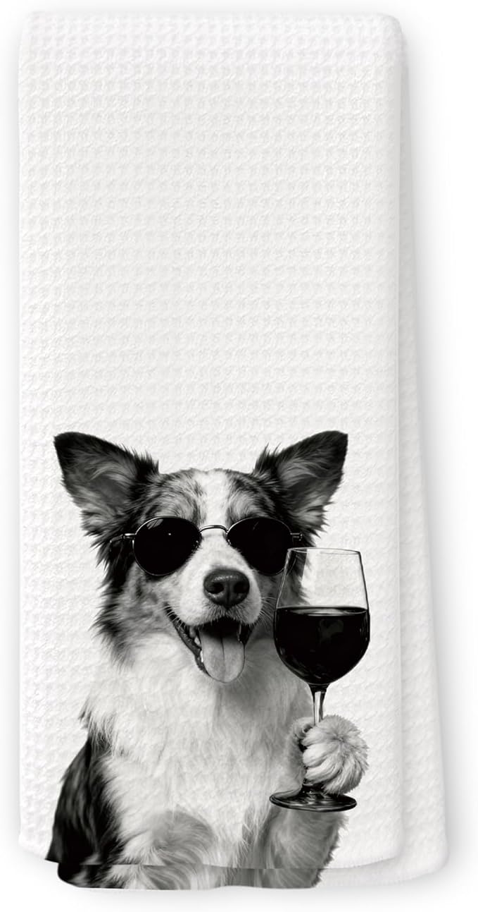 Funny Australian Shepherd Wine Kitchen Towels, Gifts for Dog Wine Lovers, Bar Accessories Dish Tea Towels for Kitchen, Dog Owners Housewarming Gift Decorative Hand Towel 16x24 Inch