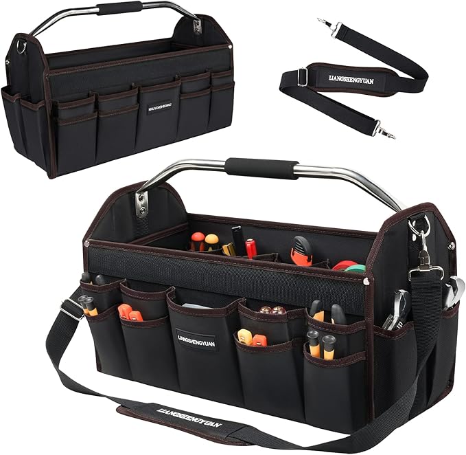 16 In Tool Carrier, Open Top Tool Tote 30 Pockets, Waterproof Tool Bag For Men, Foldable Wide Mouth Electricians Tool Bag, With Stainless Steel Handle and Removable Shoulder Strap