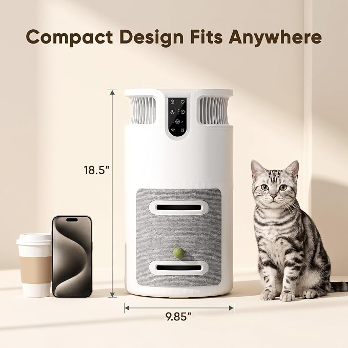 Greesum Pet Air Purifier for Cats, 320m³/h CADR Smart Air Cleaner with Cat Scratcher & Catnip Ball, 4-Color PM2.5 Indicator, App Control, Child Lock, Washable Body, Odor & Pet Hair Removal for Home