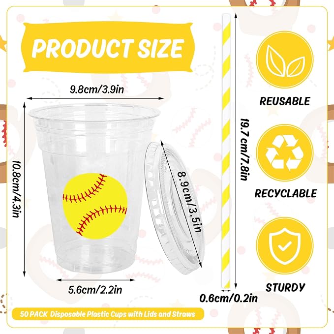 Whaline 50Pcs 12Oz Softball Disposable Plastic Cups with Lids and Straws Cute Softball Cold Beverage Drinking Cups for Sports Theme Birthday Party Supplies