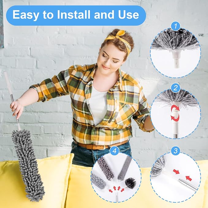 Duster for Cleaning 5-in-1 Kit, 100 Inches Duster with Extension Pole, Extendable Duster, Microfiber Feather Duster, Cobweb Dusters for High Ceilings, Furniture, Blinds, Wall- Grey