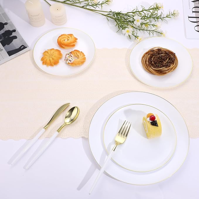 Goodluck 150 PCS White Gold Plastic Silverware Set for 50 Guests,50 Knives, 50 Forks and 50 Spoons, Food-grade material free of BPA, Gold Plastic Cutlery Ideal for Weddings, Birthdays, Graduation