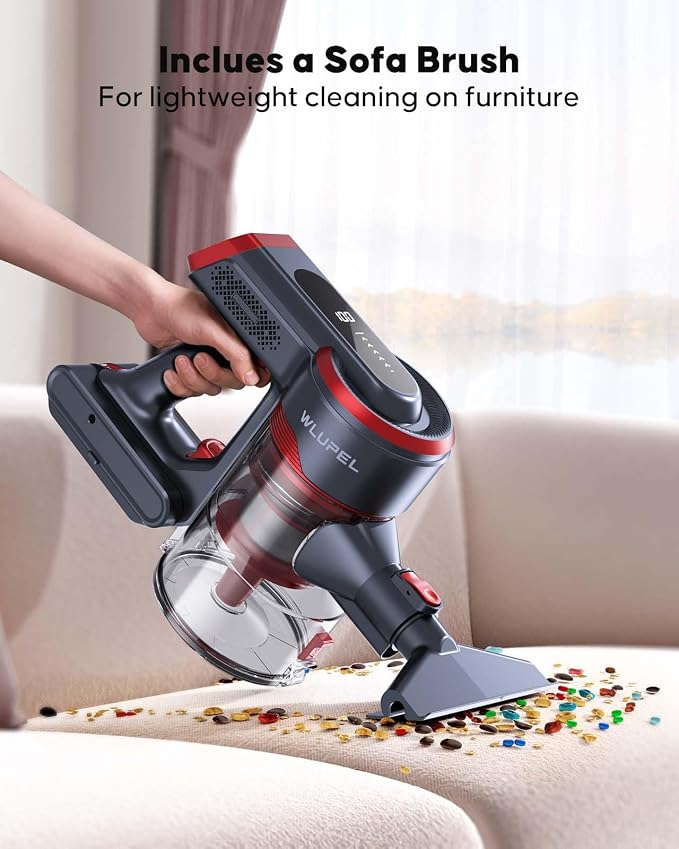 WLUPEL Cordless Vacuum Cleaner, 450W 38Kpa Powerful Stick Vacuum with 55min Detachable Battery, Vacuum Cleaners with Touch Display, Red, H8S Pro
