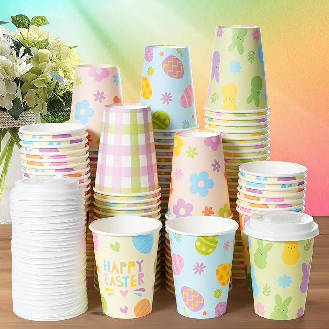 Pascliyna 100 Set Easter Disposable Coffee Cups with Lids, Bulk 12oz Colorful Eggs Paper Cups, Happy Easter Coffee Cups for Hot Chocolate Cold Drinks Spring Holiday Party Supplies Decorations