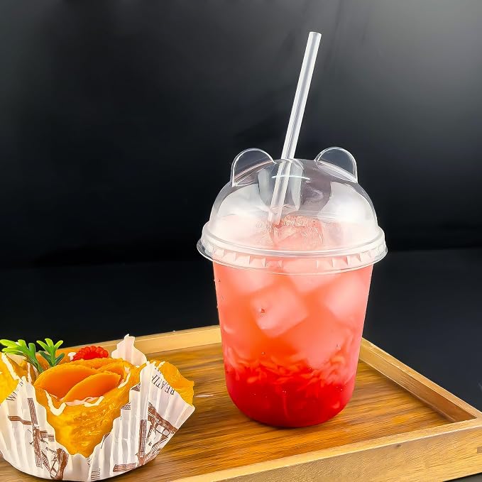Qsqwsuye 50 Sets 12oz Disposable Transparent Plastic Cup with Panda Lids & Straws, Easy-to-Grip Design, Suitable for Iced Coffee, Milk Tea,Milkshakes,Perfect for Holiday Parties,Various Dining Occasio