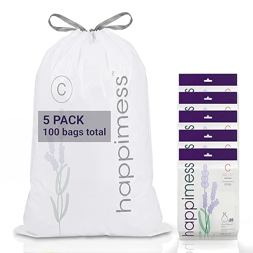happimess 13.2 Gallon (50L) Drawstring Trash Bags, Lavender Scent, White, Heavy Duty MDPE Liners for Kitchen and Household, Odor Control, Custom Fit 100 Count (5 Packs of 20 Liners) HPM3101C-W-5SET
