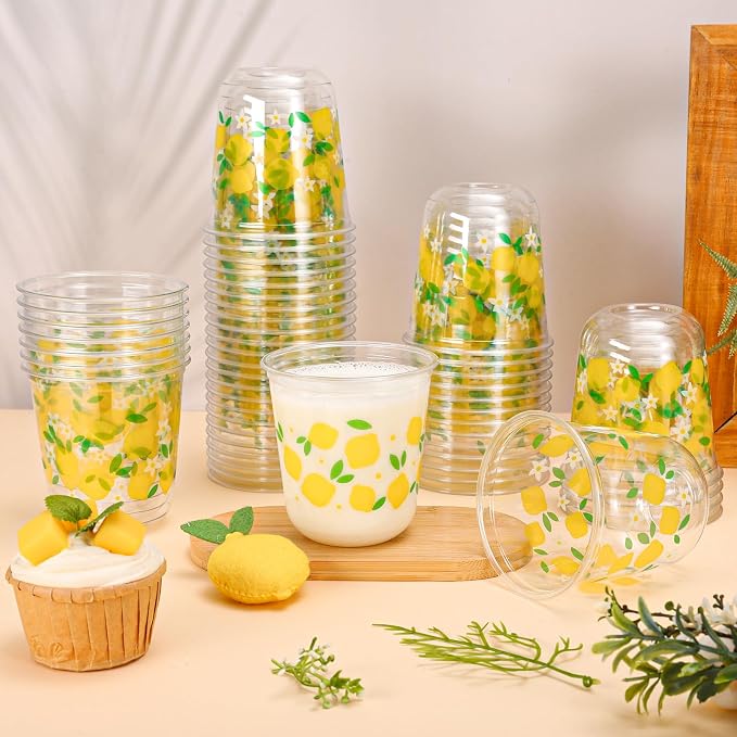 Whaline 50Pcs Summer Plastic Cups 12 Oz Lemon Disposable Clear Stemless Wine Cocktail Glasses PET Drinkware Cups Set for Wedding Birthday Baby Shower Party Supplies