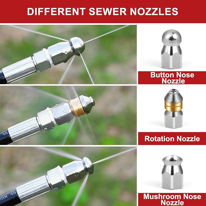 100 FT Sewer Jetter Kit for Pressure Washer, 5800 PSI High-Pressure Drain Cleaning Hose, 1/4 Inch NPT with 3 Nozzles, Watertight Tape, Handle Strap & 2 Spanners, Drain Cleaning Solution