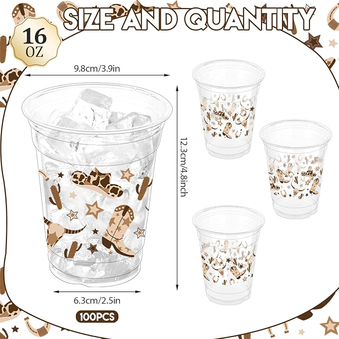 100 Pcs Brown Cowboy Plastic Cups, 16 oz Western Cowboy Disposable Clear Party Cups for Birthday, Baby Shower, Western Theme Parties, Last Rodeo Party Supplies