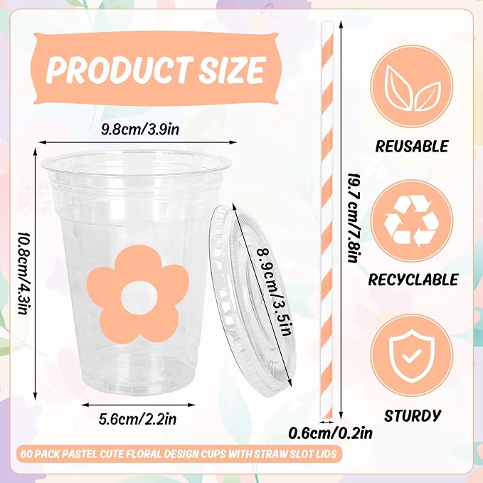 Whaline 60Pcs 12Oz Flower Disposable Plastic Cups with Lids and Straws Cute Pastel Floral Cold Beverage Drinking Cups for Spring Summer Wedding Birthday Baby Shower