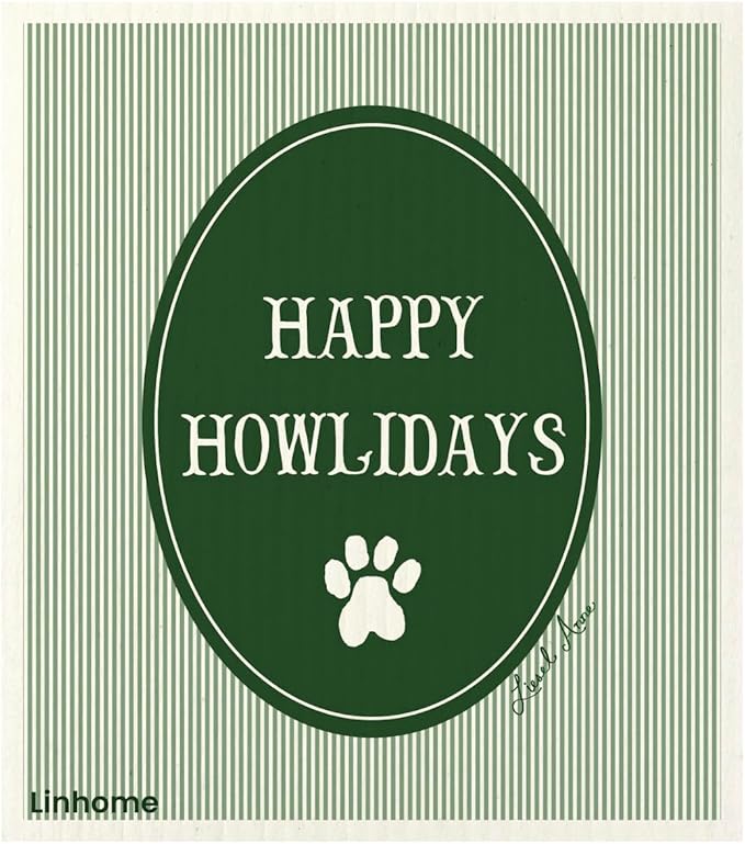 Christmas Holiday Swedish Dishcloth, Cats and Dogs Collection, Reusable Paper Towel, Super Absorbent Cellulose Sponge, Washable Kitchen Cleaning Cloth (Happy Howlidays - 1 Pack)