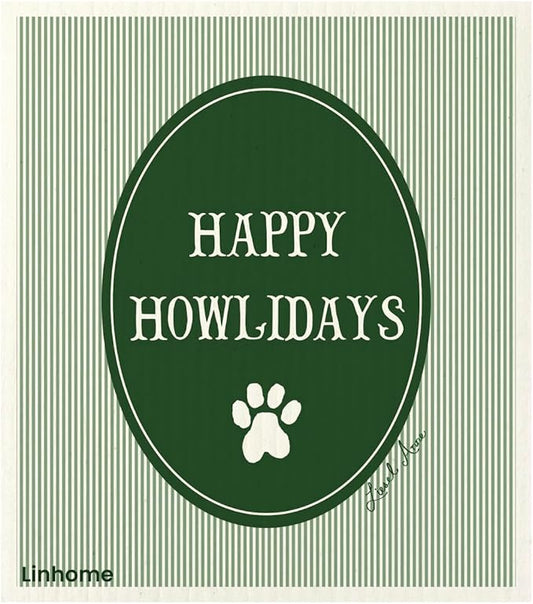 Christmas Holiday Swedish Dishcloth, Cats and Dogs Collection, Reusable Paper Towel, Super Absorbent Cellulose Sponge, Washable Kitchen Cleaning Cloth (Happy Howlidays - 1 Pack)