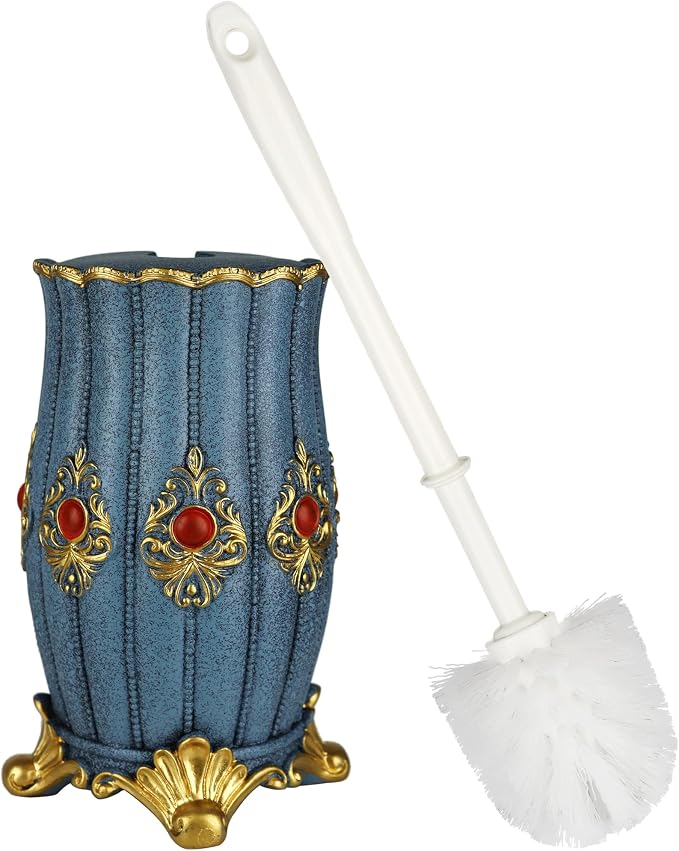 Vintage Toilet Brush Holder Set for Bathroom, Baroque Stylish Toilet Cleaning Brush and Holder with Wide-Mouth Storage Heavy Solid Base (Blue & Gold)