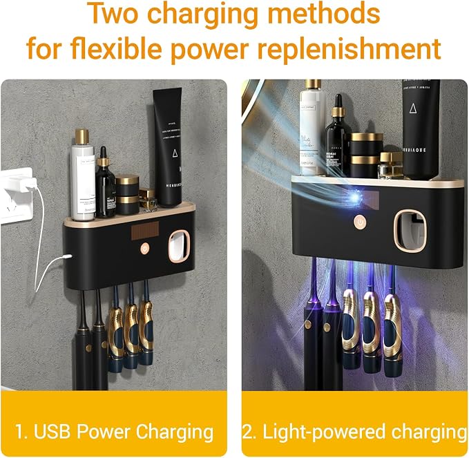TOOVERA Toothbrush Cleaner and Holder with UVC Light & Automatic Toothpaste Dispenser, 5-Minute Cleaning, Large Capacity Battery with Solar/Wired Charging, Wall Mounted for Bathroom
