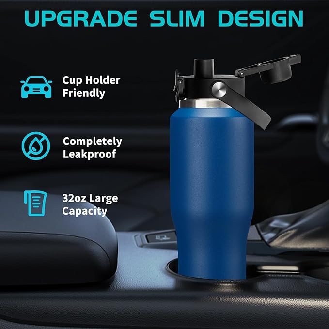 32oz Insulated Water-Bottle with Straw - Carrier Strap Bag, Keeps Cold 48h & Hot 24h, Metal Water Bottles 32 oz Cups with Lids for Gym/Hiking