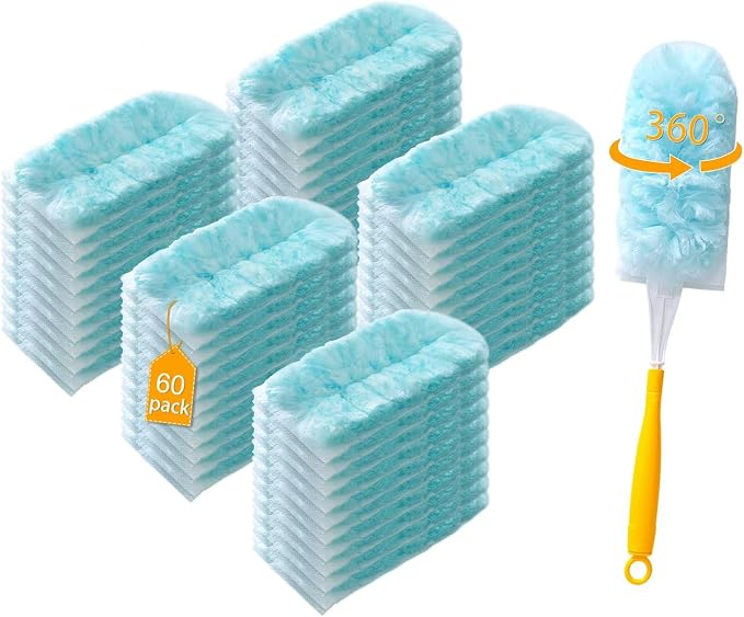 60 Count Disposable Dusters Refills, 360° Heavy Duty Duster Refills Compatible with Swiffer Duster Refills (60 Count Duster Refill +2 Handle)