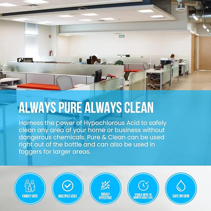 PURE & CLEAN Multi Surface Cleaner Hypochlorous Acid Cleaning Solution Powerful HOCl for Use On Most Any Surface All Purpose Cleaner Hospital Grade, Safe For Foggers, 1 Gallon