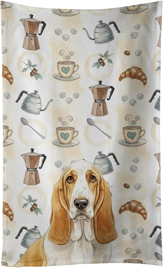 Caroline's Treasures Lemon and White Basset Hound Coffee Bar Kitchen Towel Velour Plush Front and Cotton Loop Back Machine Washable