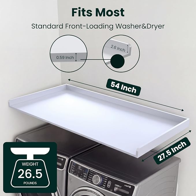 Premium Washer Dryer Countertop 54" W x 27.5" D x 3.1" H, One Solid Base Board Laundry Room Topper with Edge Rails, Washing Machine Top, Painted Finish, Anti-Slip Feet, Engineered Wood, White Color