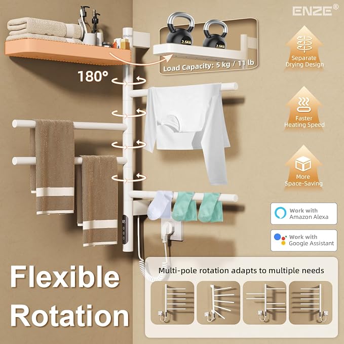 ENZE Smart Rotating Heated Towel Rack for Bathroom, 4-Bar Wall-Mounted Electric Towel Warmer with Swivel Shelf, Wi-Fi App Control, 24H Timer, Stainless Steel, IPX5, Hardwired/Plug-in, White