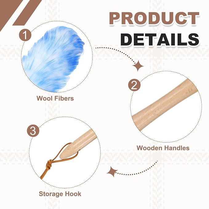 uxcell Wool Duster, 24.4" Natural Feather Cleaner Household Cleaning Duster with Solid Wooden Handle for Cleaning Fans Window Blinds Shelves Furniture, White Blue