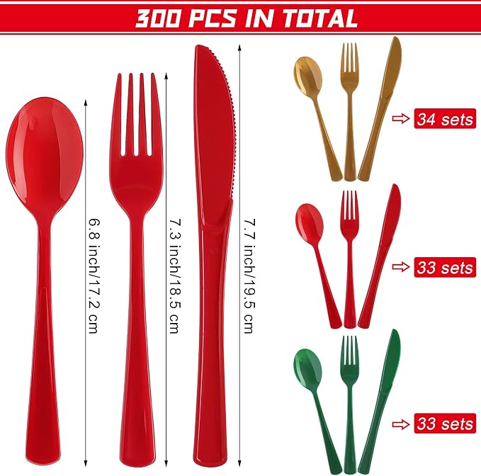 Kochorie 300 Pieces Christmas Plastic Silverware Heavy Duty Plastic Cutlery Set Heavyweight Disposable Flatware Includes Christmas Spoons Forks Knifes for Christmas New Year Party